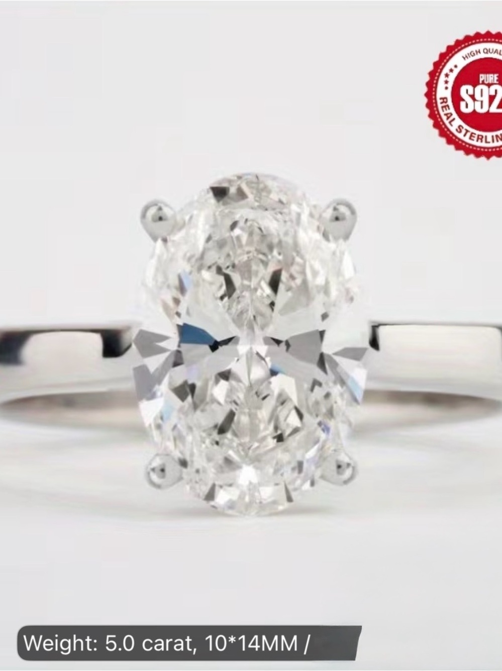 NWT-Sterling Silver 5ct Oval Moissanite Solitaire Ring
